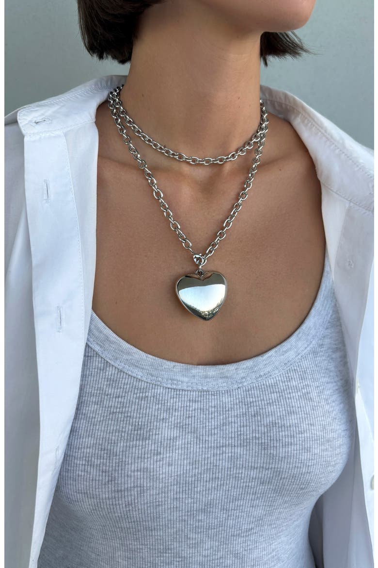 Puff Heart Double Wrap Necklace, Alternate, color, SILVER