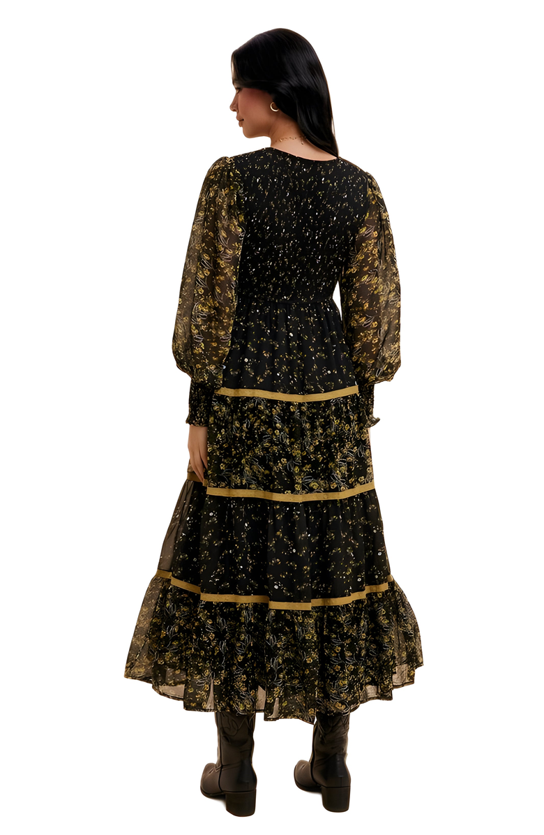 Knit and Lounge Floral Tiered Long Sleeve Midi Dress With Contrast Trim, Alternate, color, Black / Gold