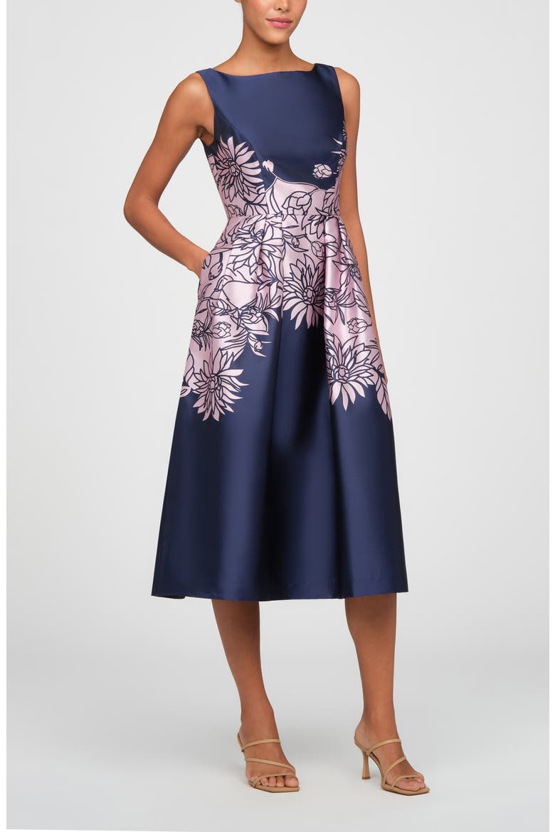 Evaline Placed Floral Cocktail Midi Dress, Alternate, color, DEEP NAVY