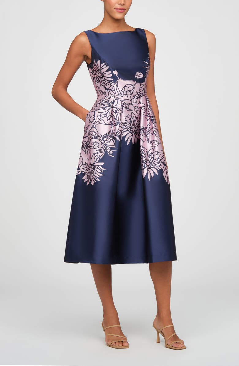 Kay Unger Evaline Placed Floral Cocktail Midi Dress, Alternate, color, Deep Navy