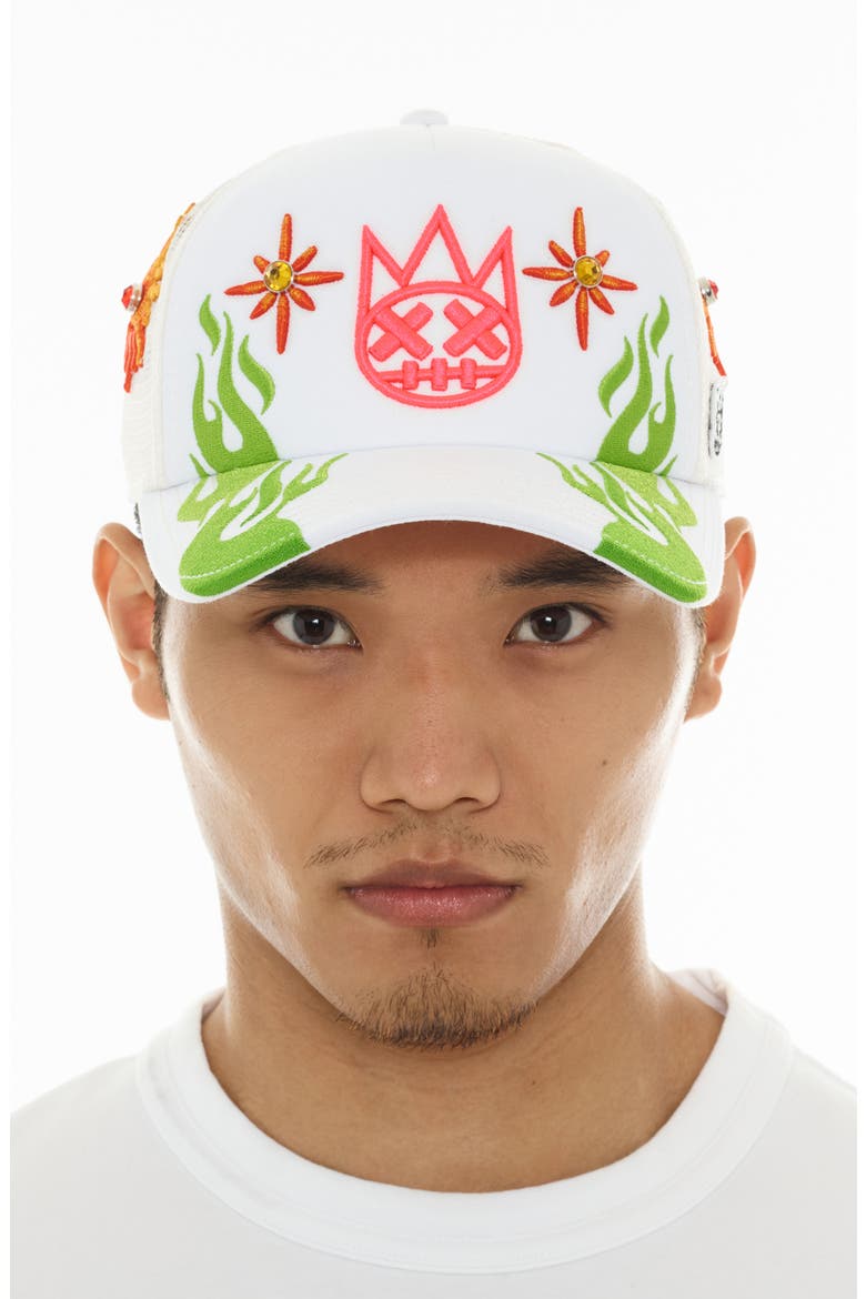 Shimuchan Logo Crystal Embellished Trucker Hat, Alternate, color, WINTER WHITE
