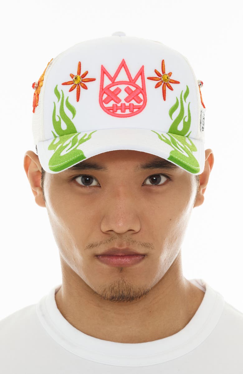 Cult of Individuality Shimuchan Logo Crystal Embellished Trucker Hat, Alternate, color, 