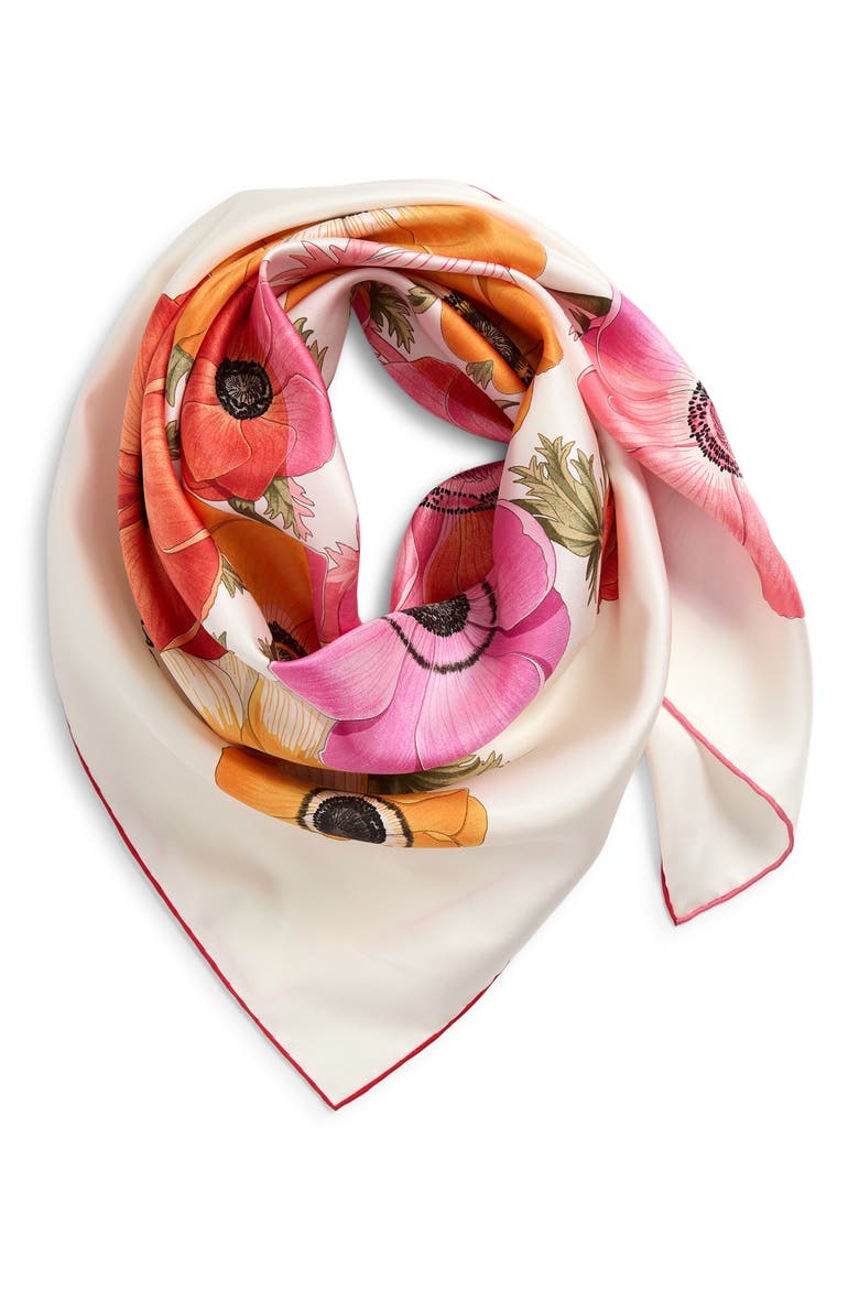 Anemone Floral Silk Square Scarf, Alternate, color, IVORY/ROSE/ORANGE