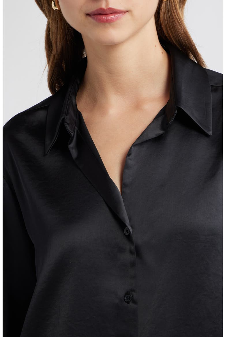 Relaxed Fit Satin Button-Up Shirt, Alternate, color, BLACK
