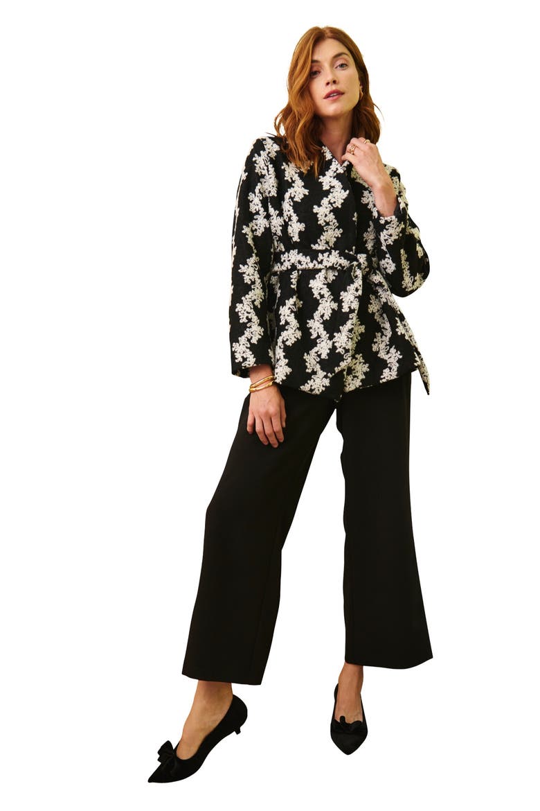 Belted Wrap Jacket, Main, color, BLACK AND WHITE FLORAL