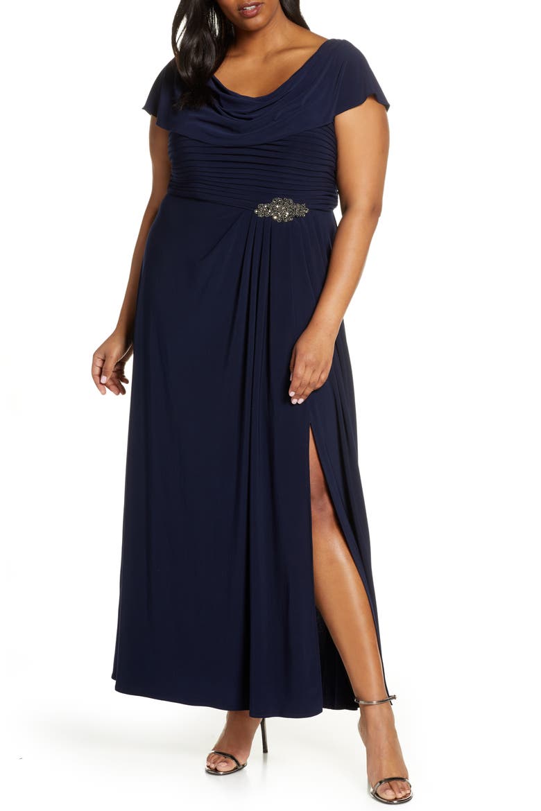 Cowl Neck Beaded Waist Gown, Main, color, NAVY