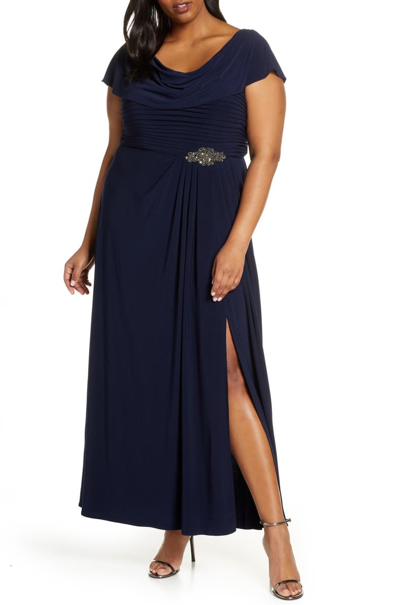 Alex Evenings Cowl Neck Beaded Waist Gown, Main, color, Navy