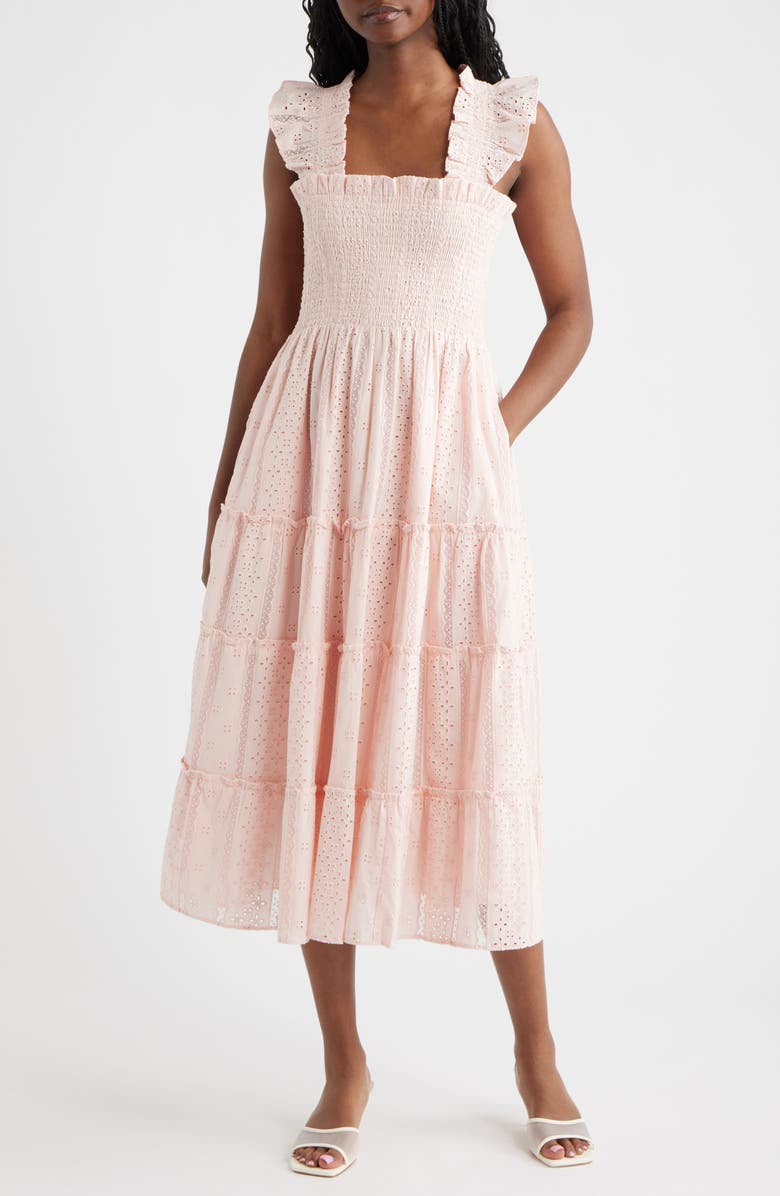 Hill House Home The Ellie Eyelet Flutter Sleeve Cotton Nap Midi Dress, Main, color, Powder Pink
