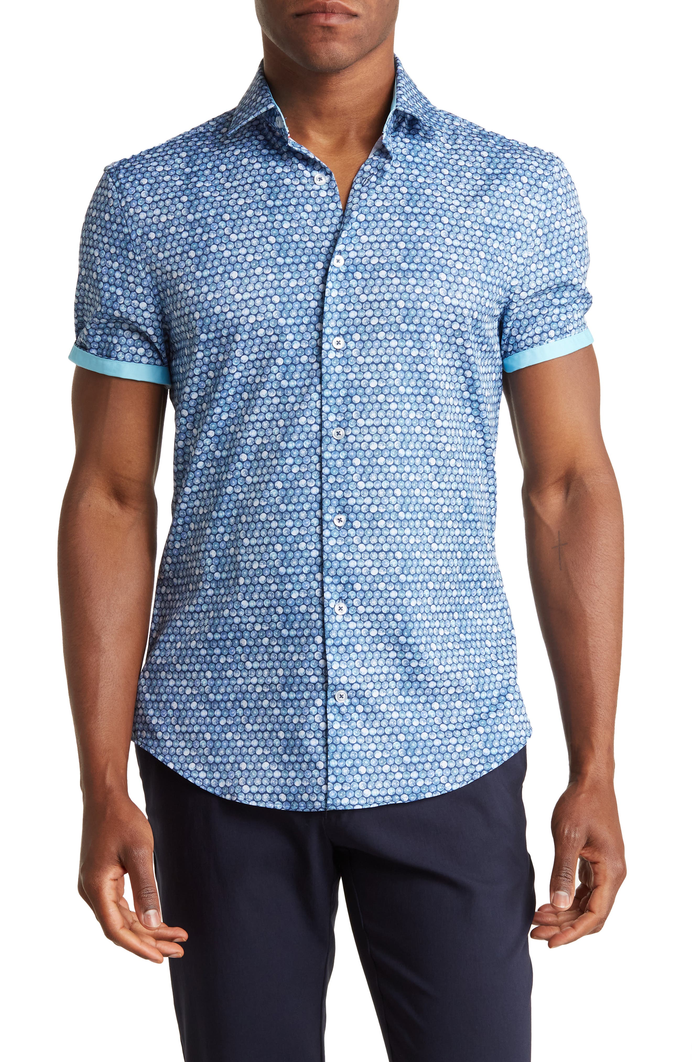 SOUL OF LONDON Geo Dots Short Sleeve Stretch Button-Up Shirt