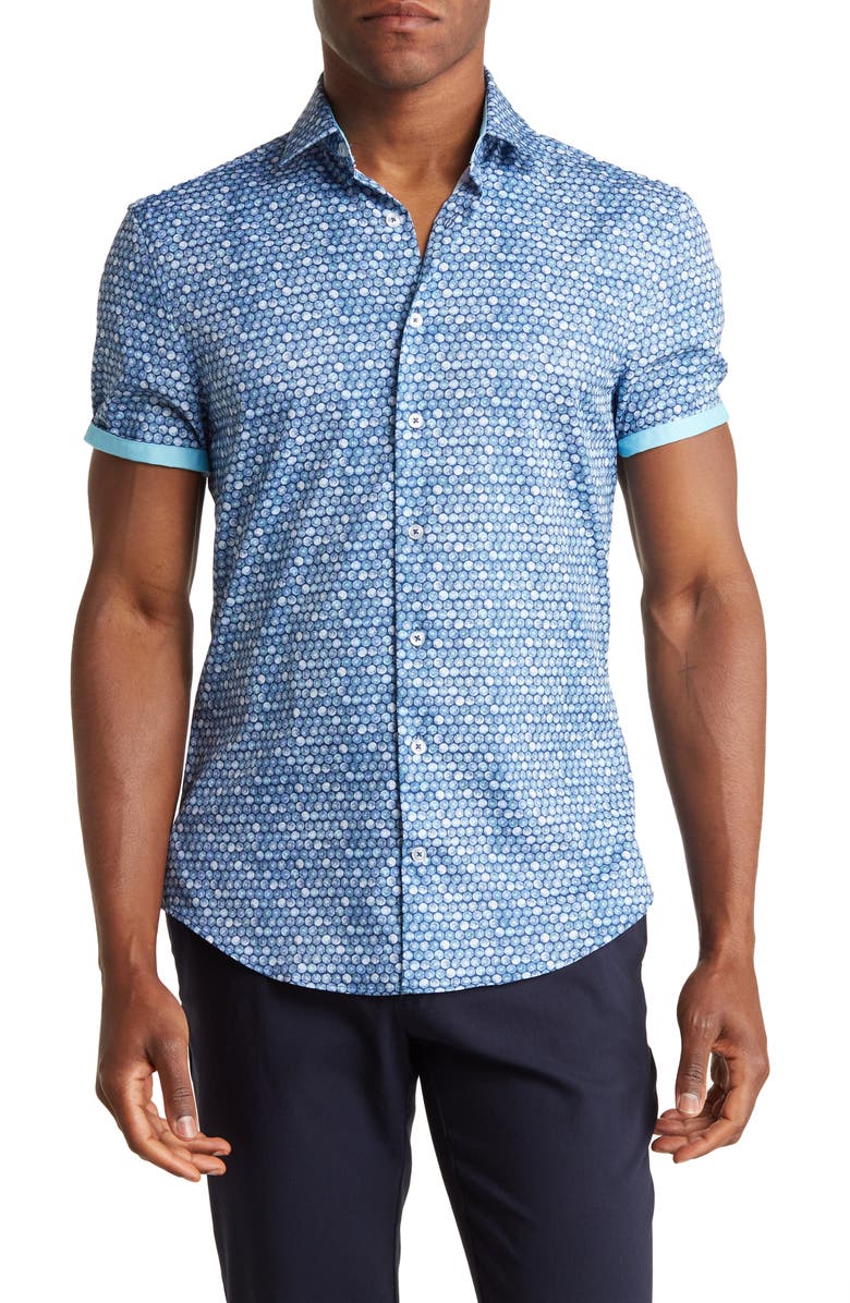SOUL OF LONDON Geo Dots Short Sleeve Stretch Button-Up Shirt, Main, color, Teal Multi