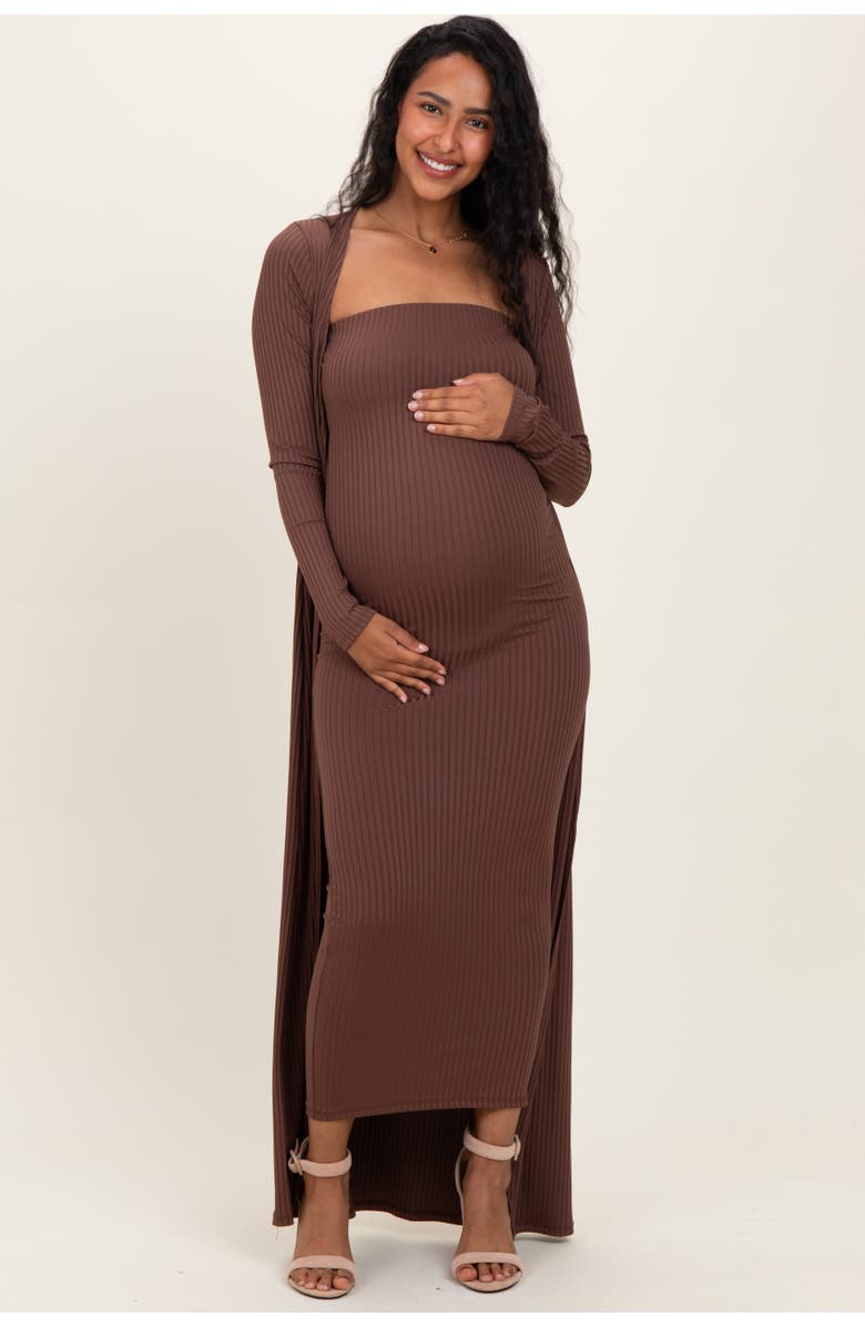 PinkBlush Ribbed Sleeveless Dress Cardigan Set, Alternate, color, Brown