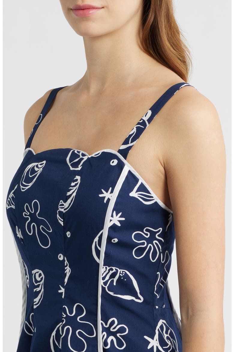 Shell Print Piped Cotton Midi Dress, Alternate, color, NAVY MULTI