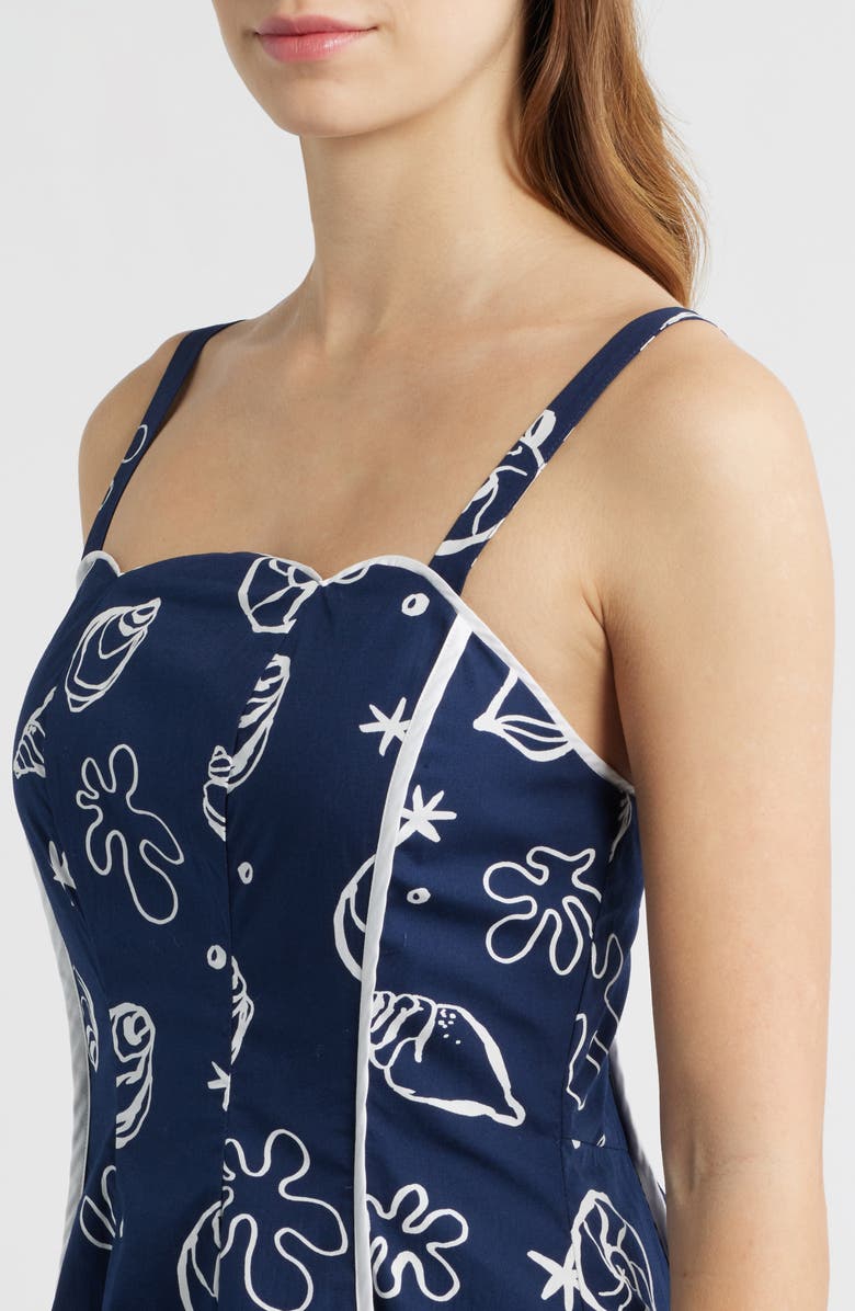 MOON RIVER Shell Print Piped Cotton Midi Dress, Alternate, color, Navy Multi