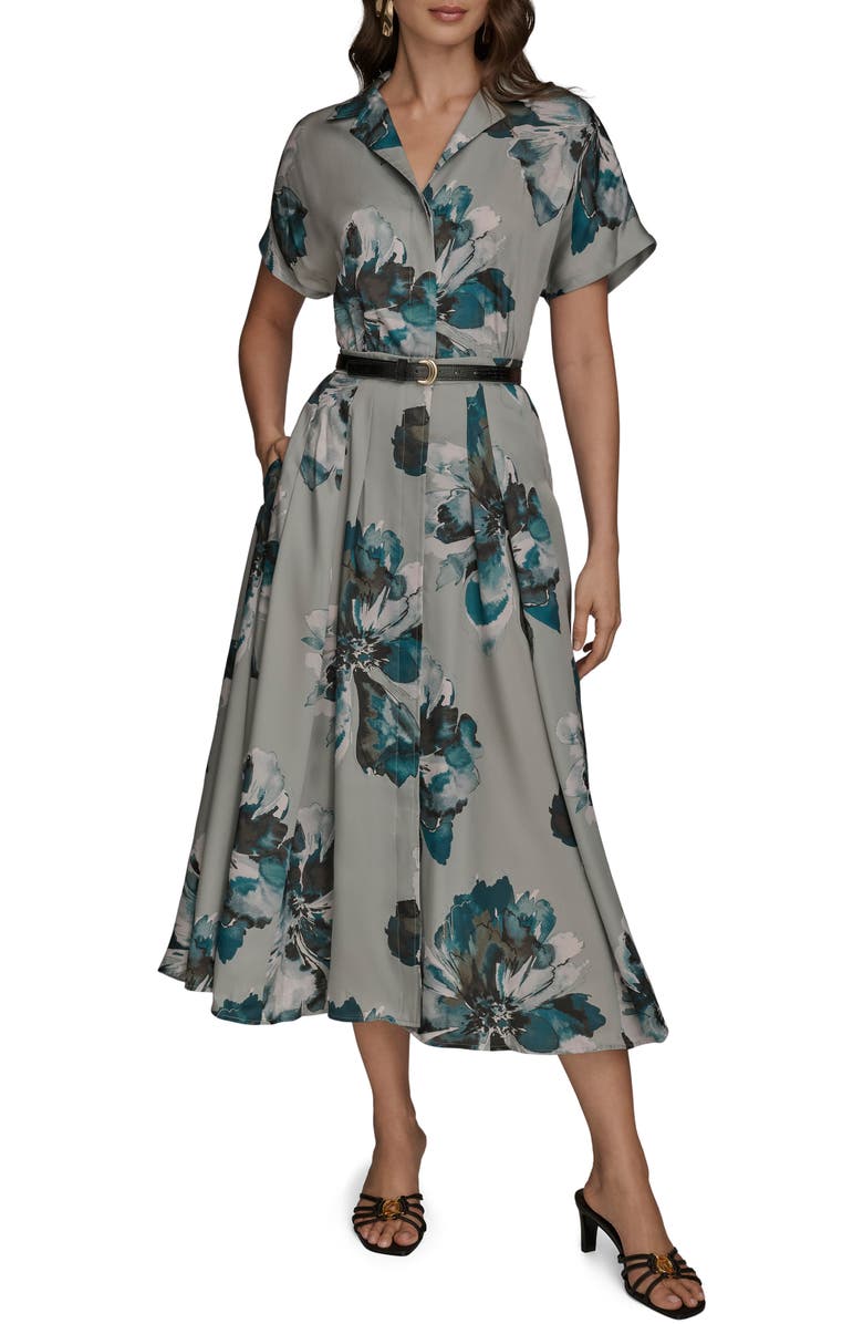 Donna Karan New York Belted Floral Print Shirtdress, Main, color, Weatherd Sage