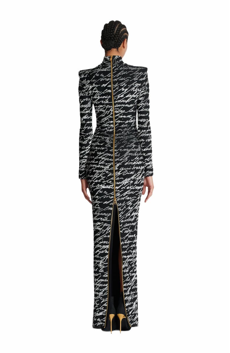 Balmain Long "Love Letter" Jacquard Knit Dress, Alternate, color, Black