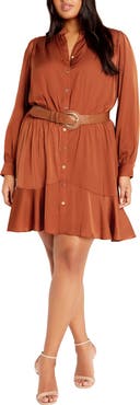 City Chic Oki Belted Long Sleeve Shirtdress