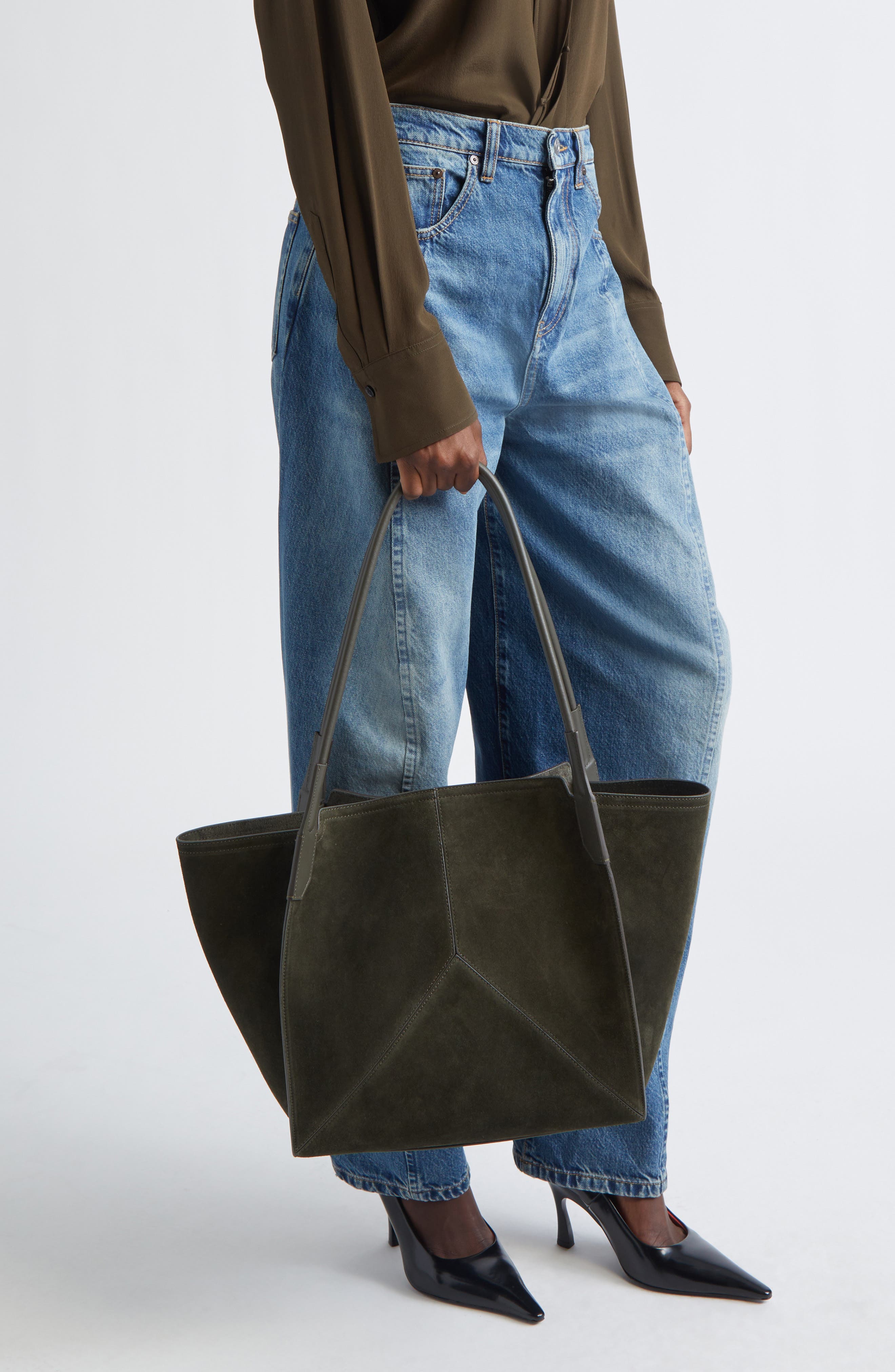 Victoria Beckham Small Victoria Suede Tote, Alternate, color, Dark Olive