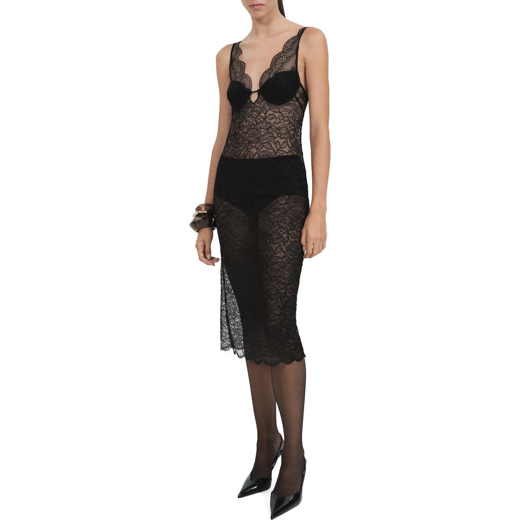Mango Guipure Slip Dress Black In Black