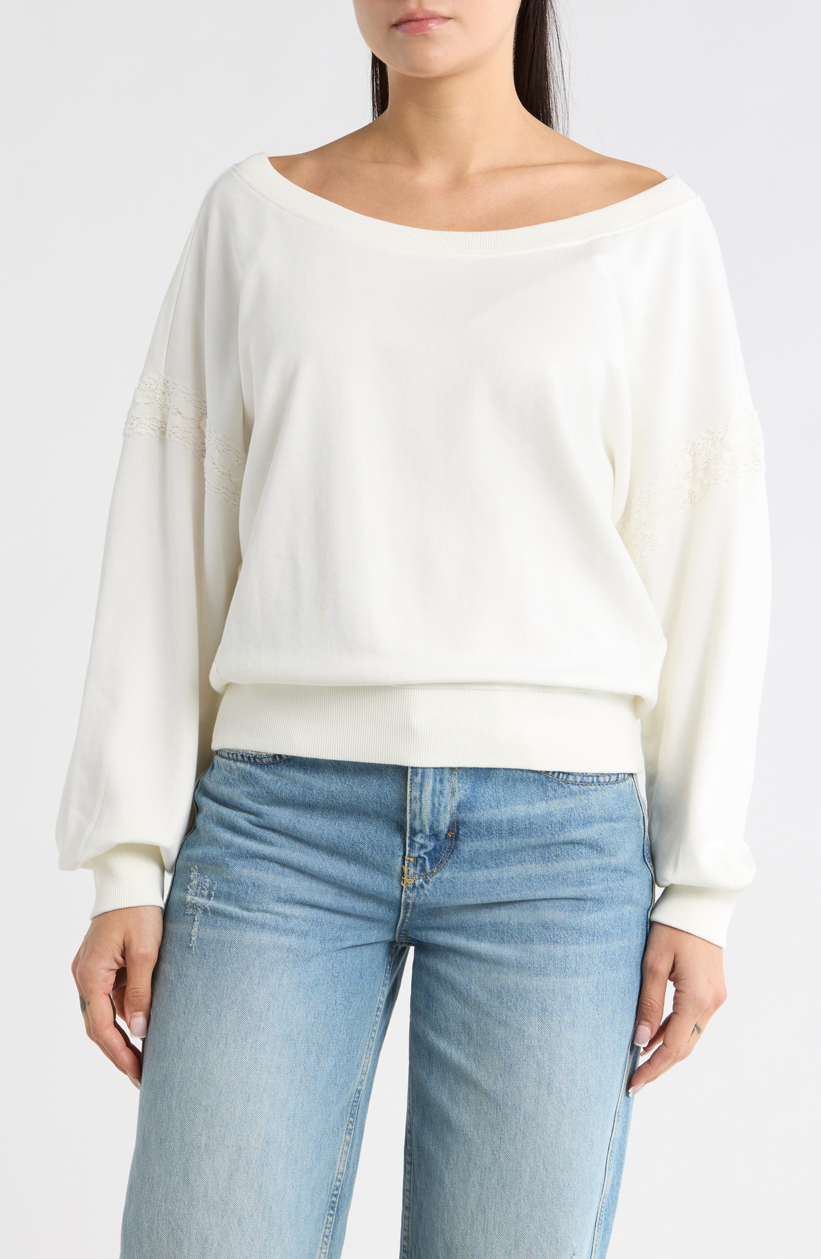 Abound Lace Trim One-Shoulder Sweatshirt