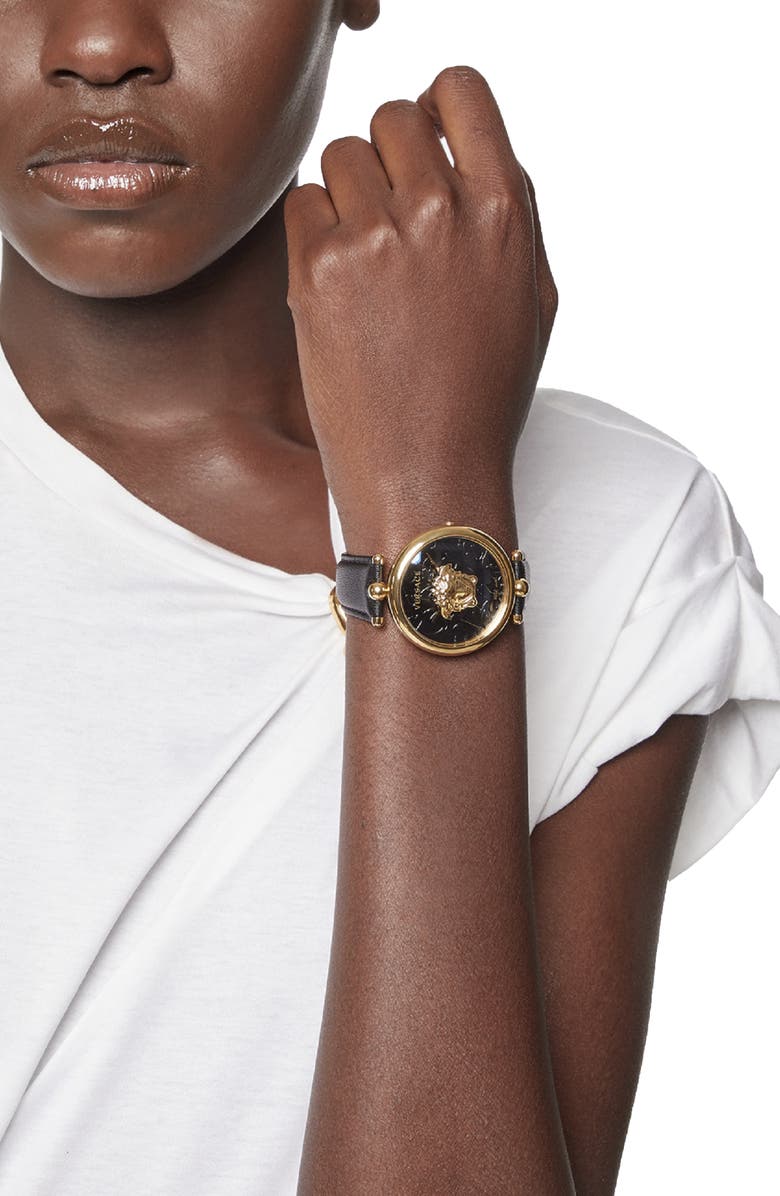 Versace Barocco Leather Strap Watch, 39mm, Alternate, color, 