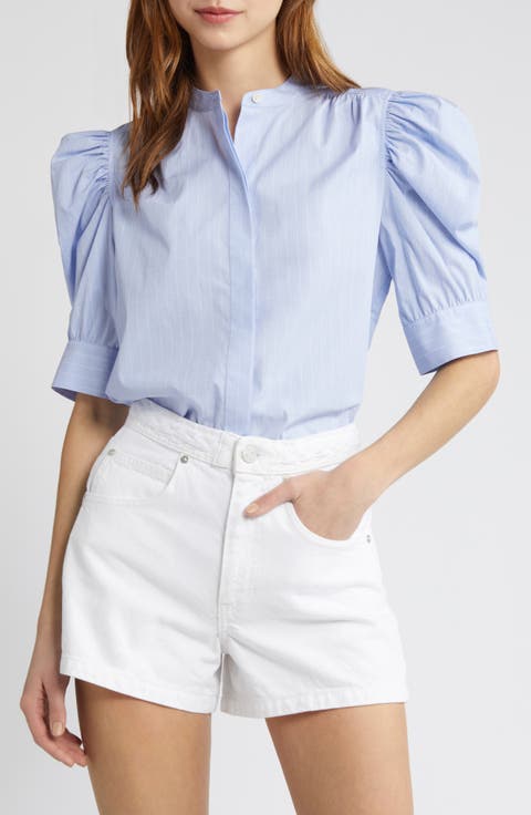 Stripe Puff Sleeve Cotton Button-Up Shirt