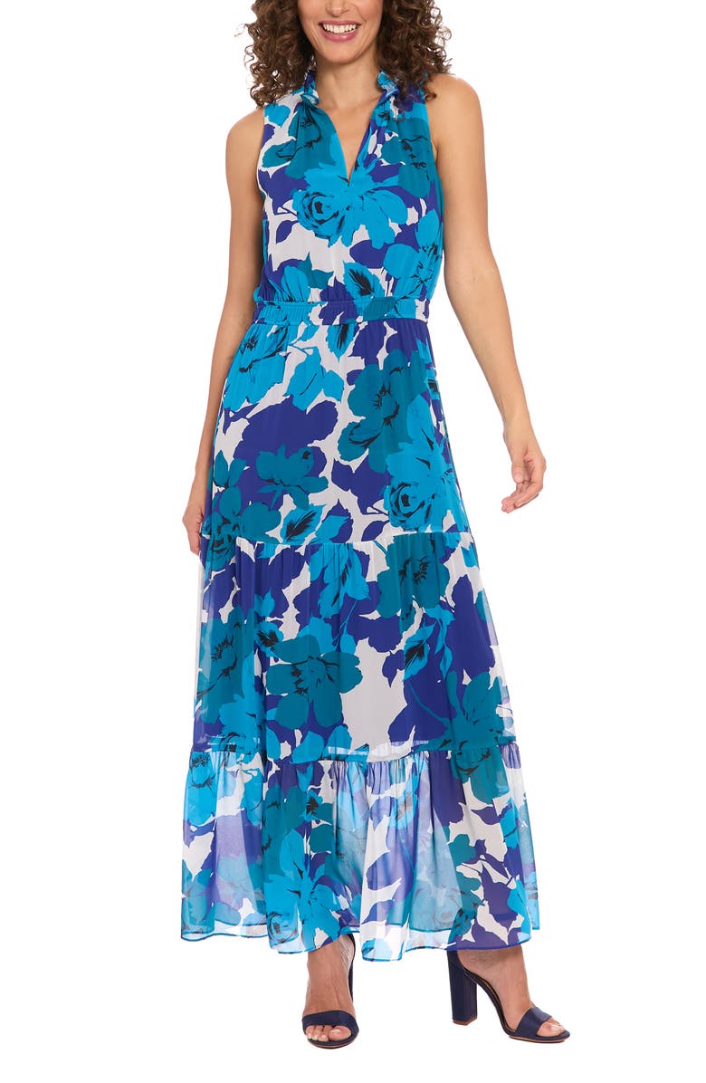 London Times Floral Sleeveless Tiered Chiffon Maxi Dress, Main, color, 