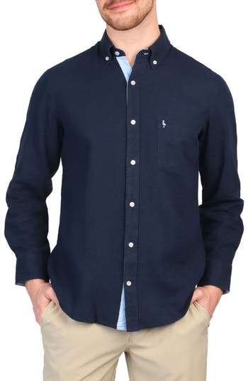 Shop Tailorbyrd Linen Blend Button-down Shirt In Navy