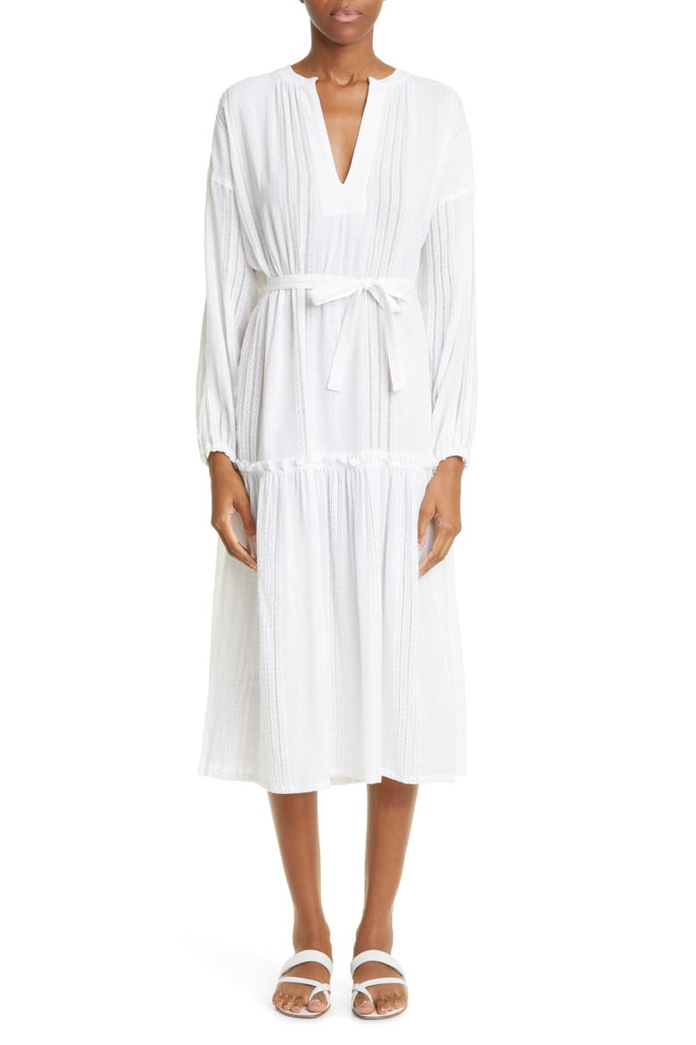 Abira Long Sleeve Tiered Cotton Blend Cover-Up Midi Dress, Main, color, WHITE