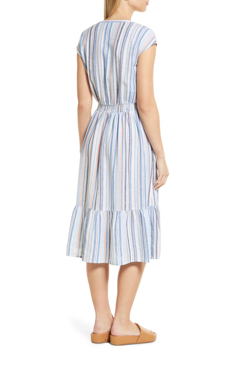 Stripe Tiered Linen Blend Midi Dress, Alternate, color, BLUE FALLS- WHITE STRIPE