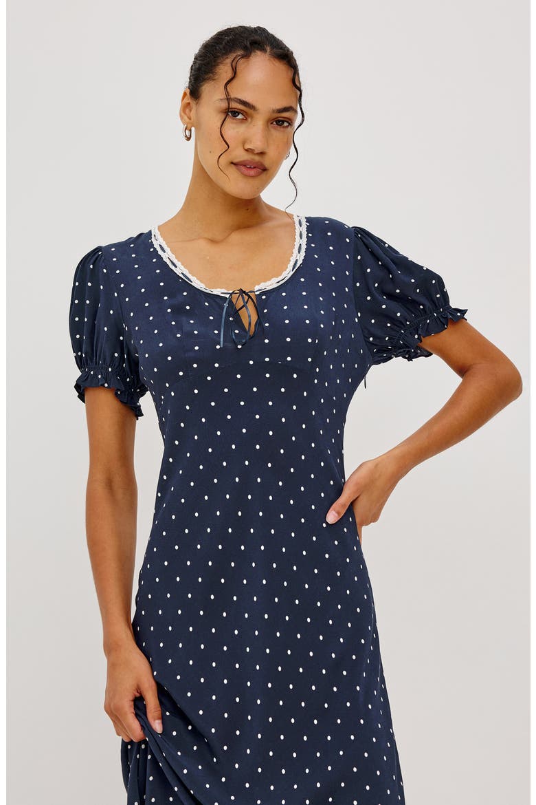 Allison Polka Dot Lace Trim Midi Dress, Alternate, color, NAVY POLKA DOTS