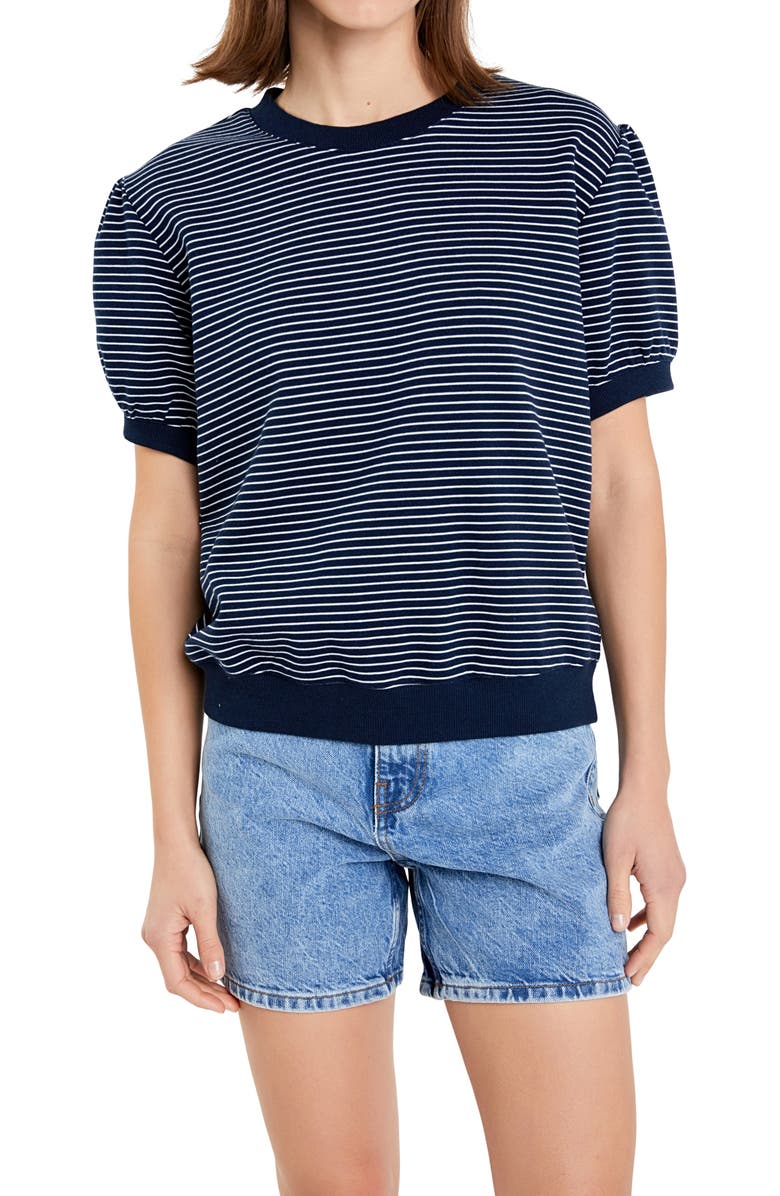 English Factory Stripe Puff Sleeve French Terry Top, Alternate, color, Navy/ White