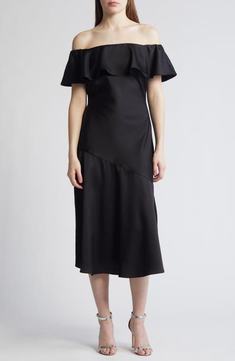 Off the Shoulder A-Line Satin Midi