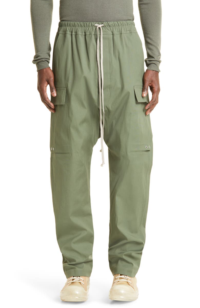 Rick Owens Drop Crotch Stretch Cotton Cargo Pants, Main, color,