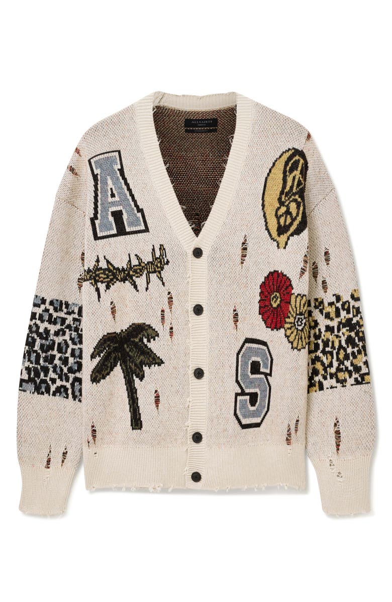 AllSaints Foxx Distressed Jacquard Graphic Cardigan, Alternate, color, Ecru White