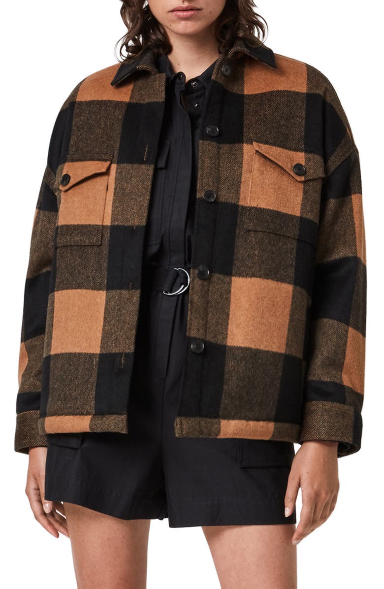 AllSaints Luella Check Shirt Jacket, Main, color, Brown/ Black