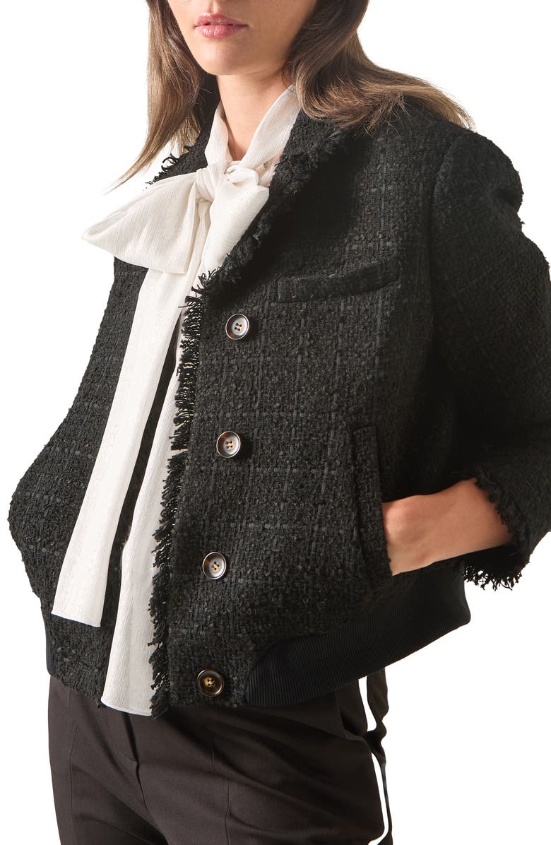 LK Bennett Pip Black Tweed Trim Bomber Jacket, Main, color, Black