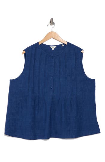 Max Studio Crinkled Pintucked Sleeveless Henley Top