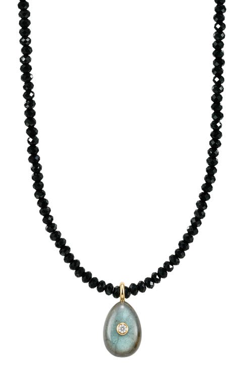 Black Spinel Beaded Teardrop Pendant Necklace