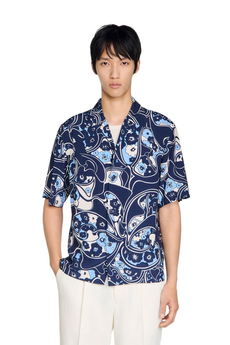 Loose-fit print shark collar shirt, Alternate, color, Navy blue