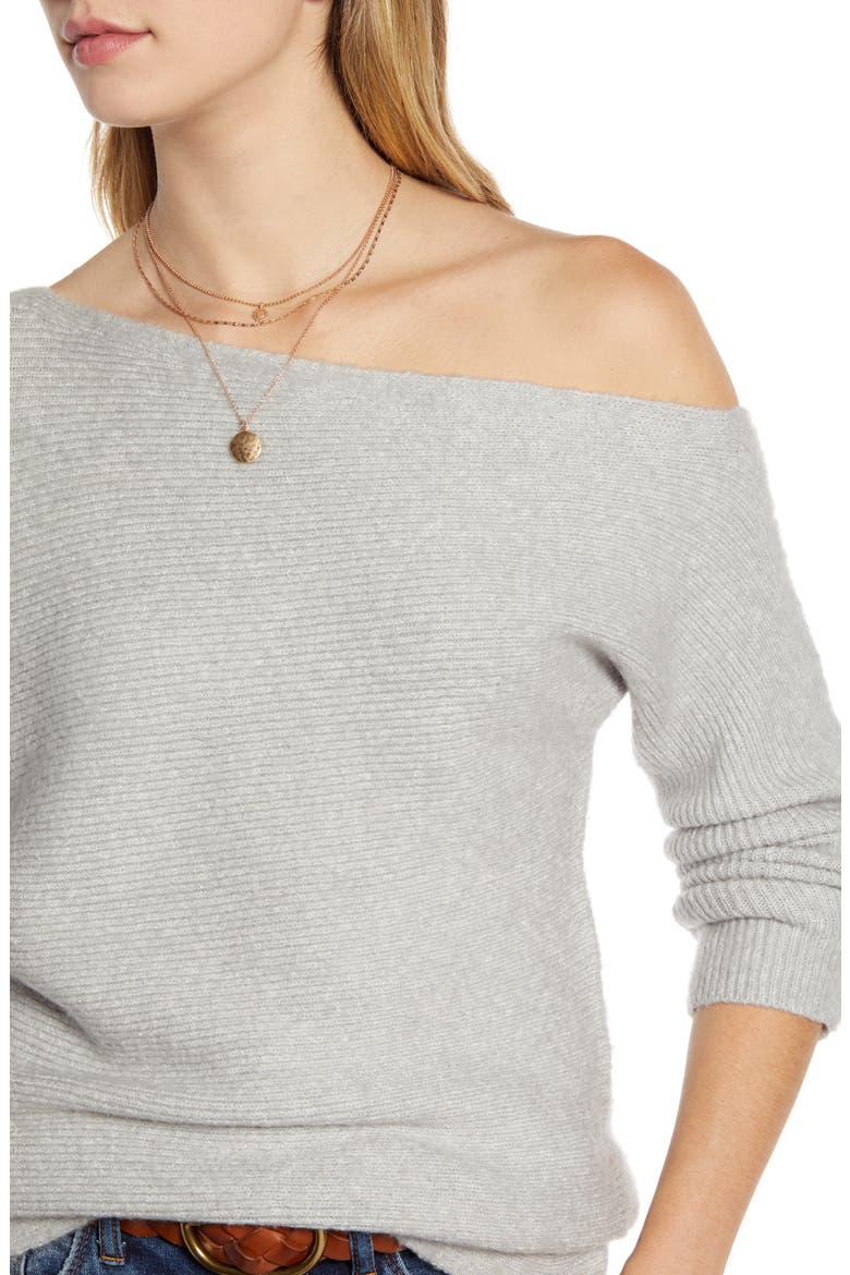 One-Shoulder Ribbed Sweater, Alternate, color, GREY LIGHT HEATHER