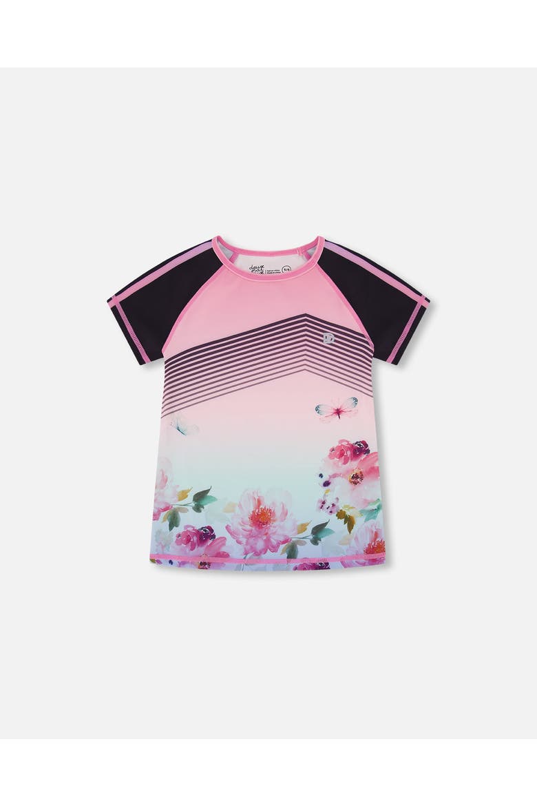 Girl's Short Sleeve Athletic Top Gradient Pink Printed Big Flowers, Main, color, Gradient Pink Big Flowers