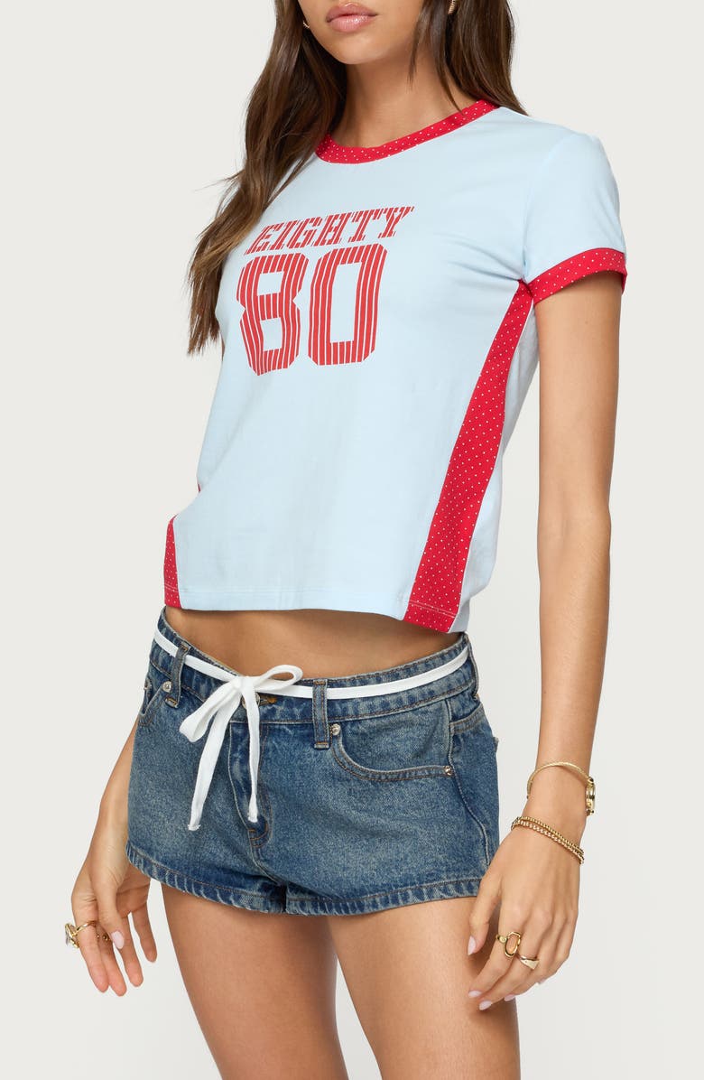 EDIKTED 80 Polka Dot Contrast Trim Crop T-Shirt, Alternate, color, Light-Blue