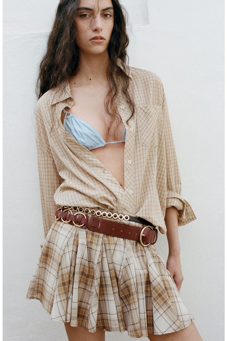 Pleated Check Miniskirt, Alternate, color, BROWN