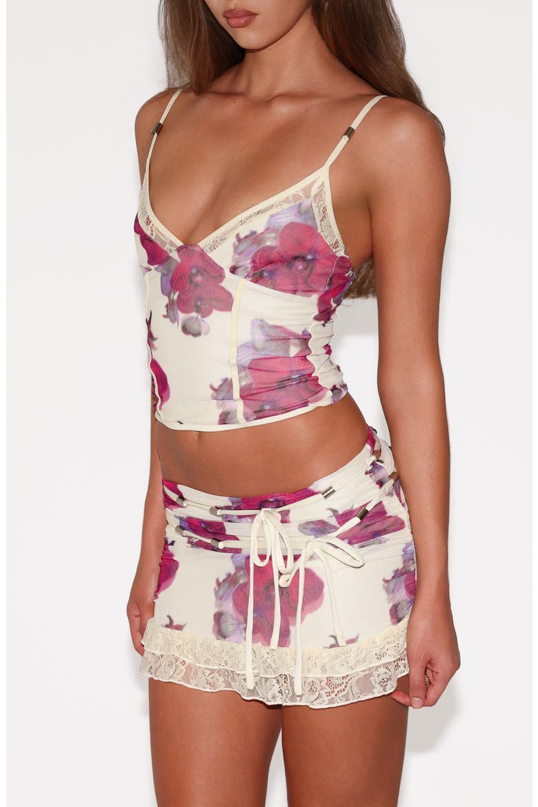 Liliah Lace Trim Floral Mesh Miniskirt, Alternate, color, ORCHID HAZE