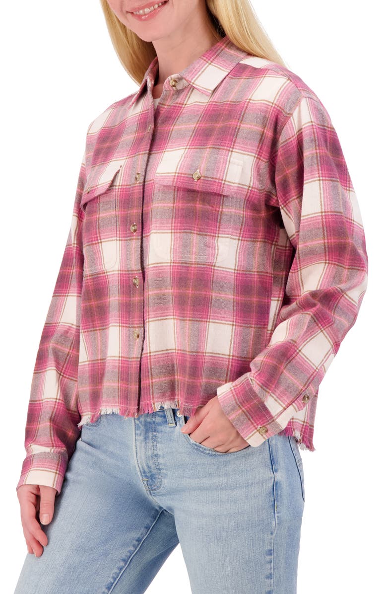 Lucky Brand Plaid Raw Edge Button-Up Flannel Shirt, Alternate, color, Pink Plaid