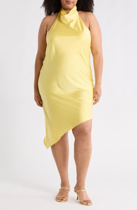 Halter Neck Asymmetric Satin Dress (Plus)