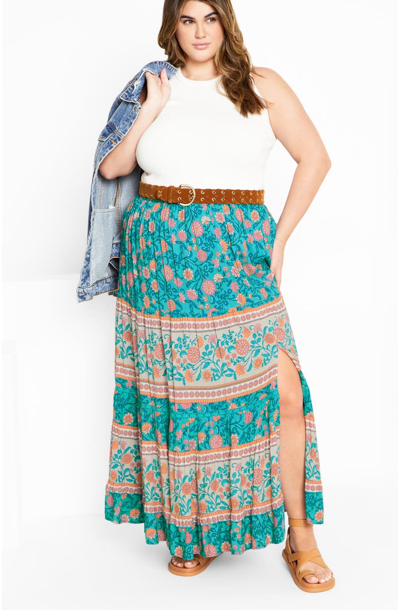 City Chic Aurora Print Maxi Skirt, Alternate, color, Turquoise