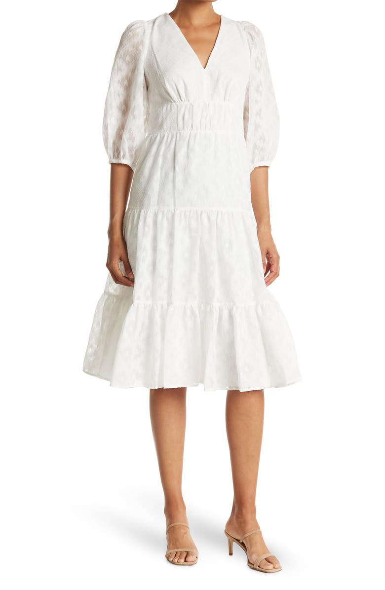 Calvin Klein Geometric Print Ruffle Hem Midi Dress, Main, color, 