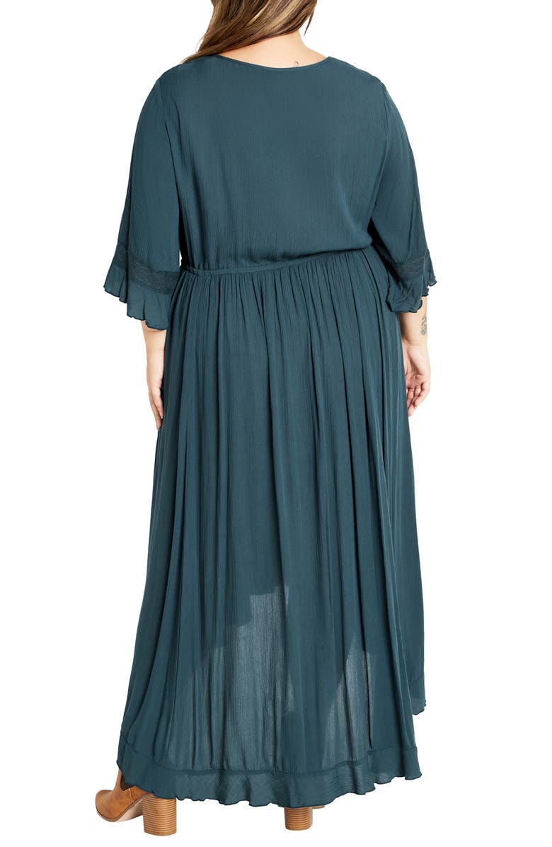 City Chic Rosie Lace Trim High-Low Maxi Dress, Alternate, color, Teal