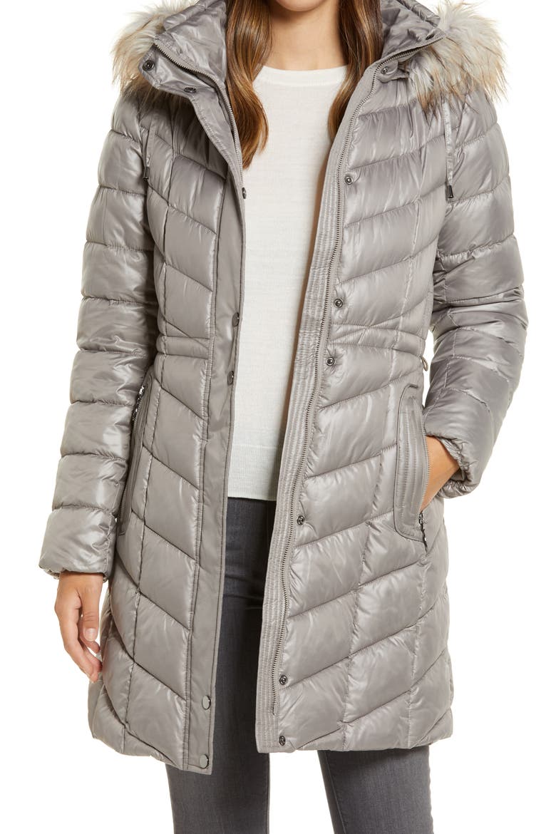 Faux Fur Trim Hooded Puffer Jacket, Main, color, GRANITE